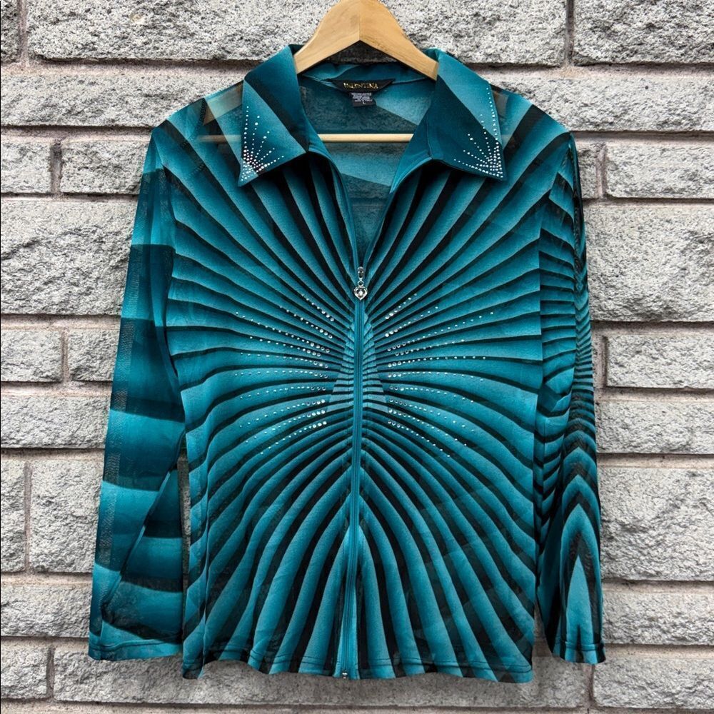 Vintage Valentina Blue Geometric Long Sleeve zipped Top Sz L